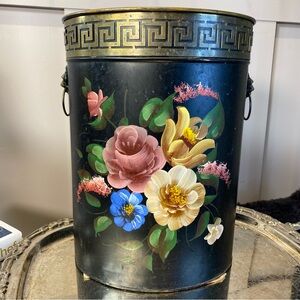 Vintage Floral Hand Painted Black Metal Tole Waste Basket Lion Head Handles